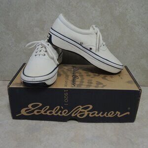 Eddie Bauer Classic Sneaker Cotton Canvas Tennis Shoe White w/ Blue Size 6.5 M